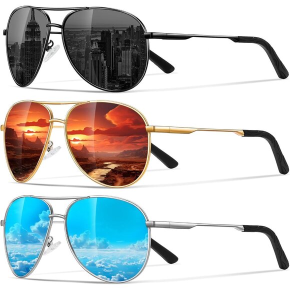 Polarized Aviator Sunglasses with UV Protection - Unisex Stylish Design, 3-Pack main image 5